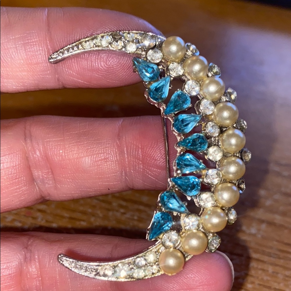 Vintage JOSEPH WIESNER Blue and Pearl Crescent Brooch- NEEDS A COUPLE STONES